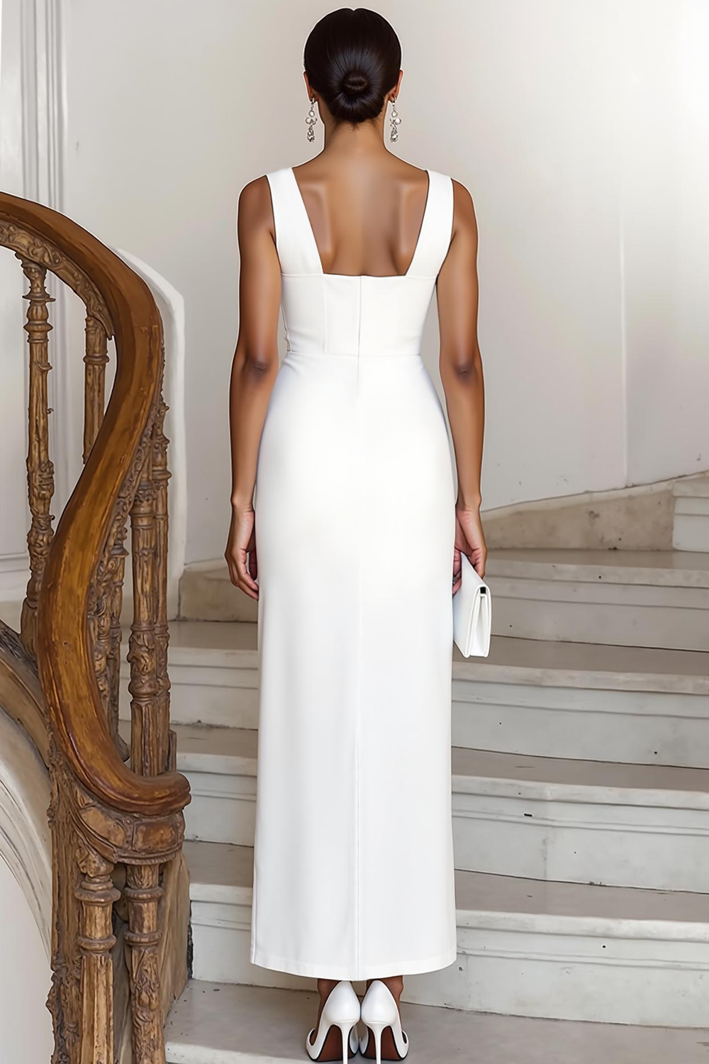 White Black Sheath Boat Neck Maxi Formal Dress with Slit