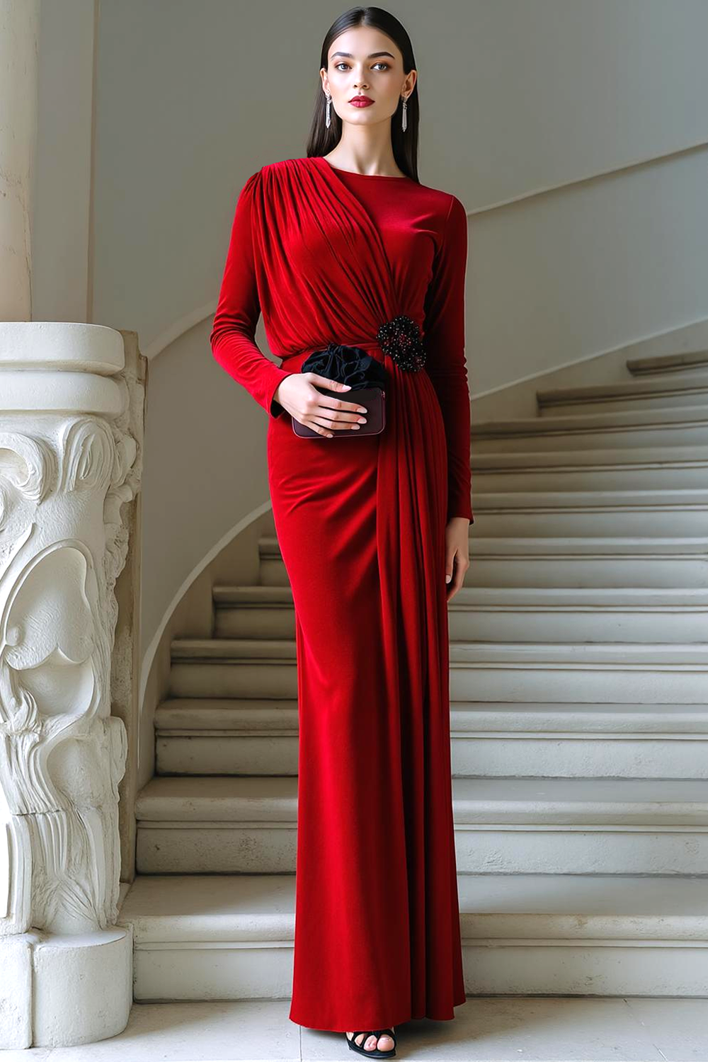 Red Ruched Velvet Round Neck Long Holiday Party Dress with Sleeves