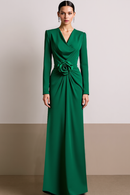 Leely Women Green Long Sheath Formal Dress with Flower V-Neck Ruched Evening Dress with Sleeves
