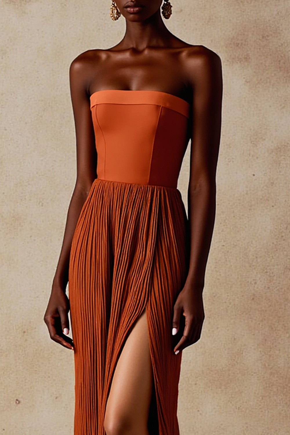 Terracotta Strapless Sheath Pleated Long Formal Dress with Slit