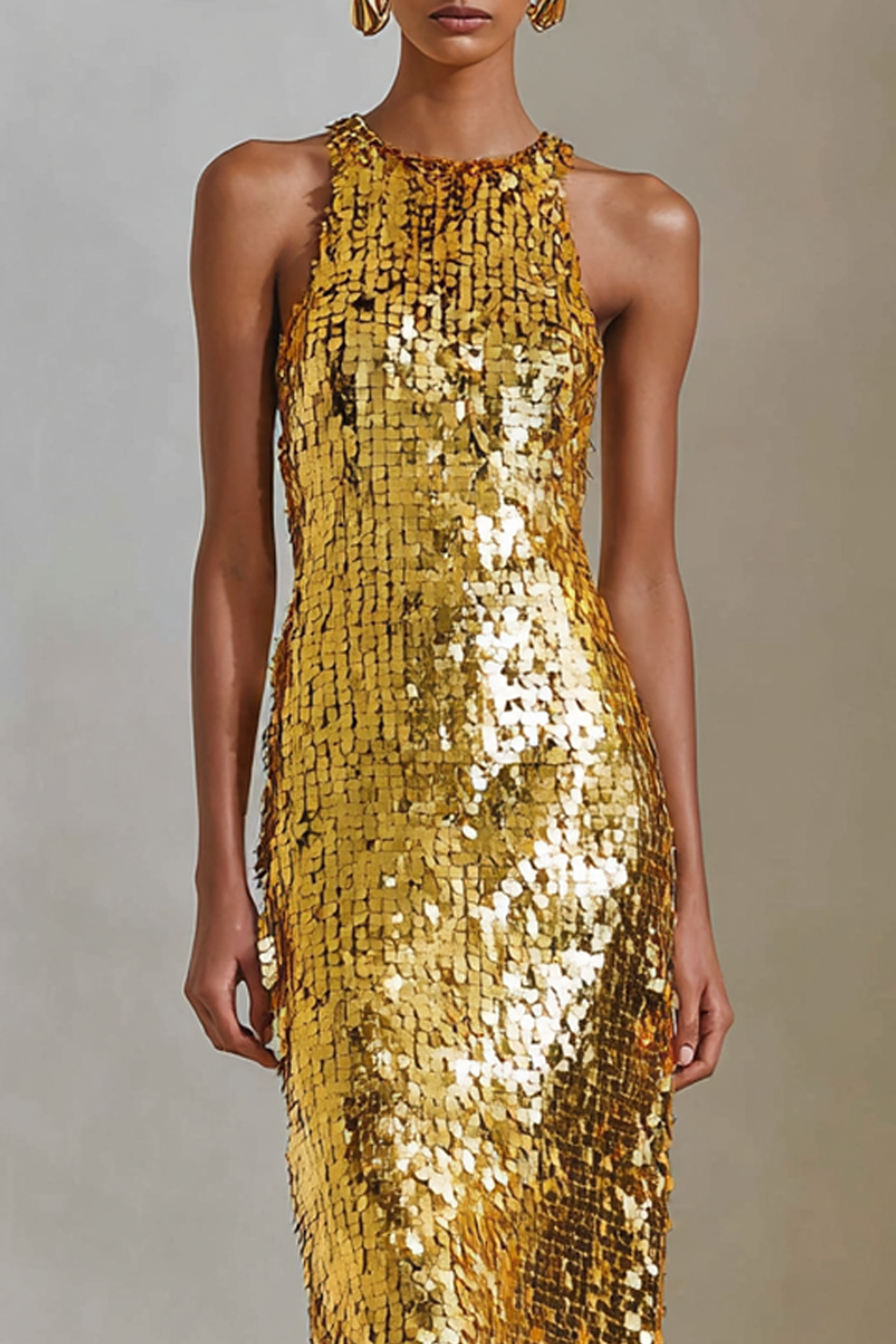 Sparkly Sequin Golden Sheath Halter Maxi Gala Dress