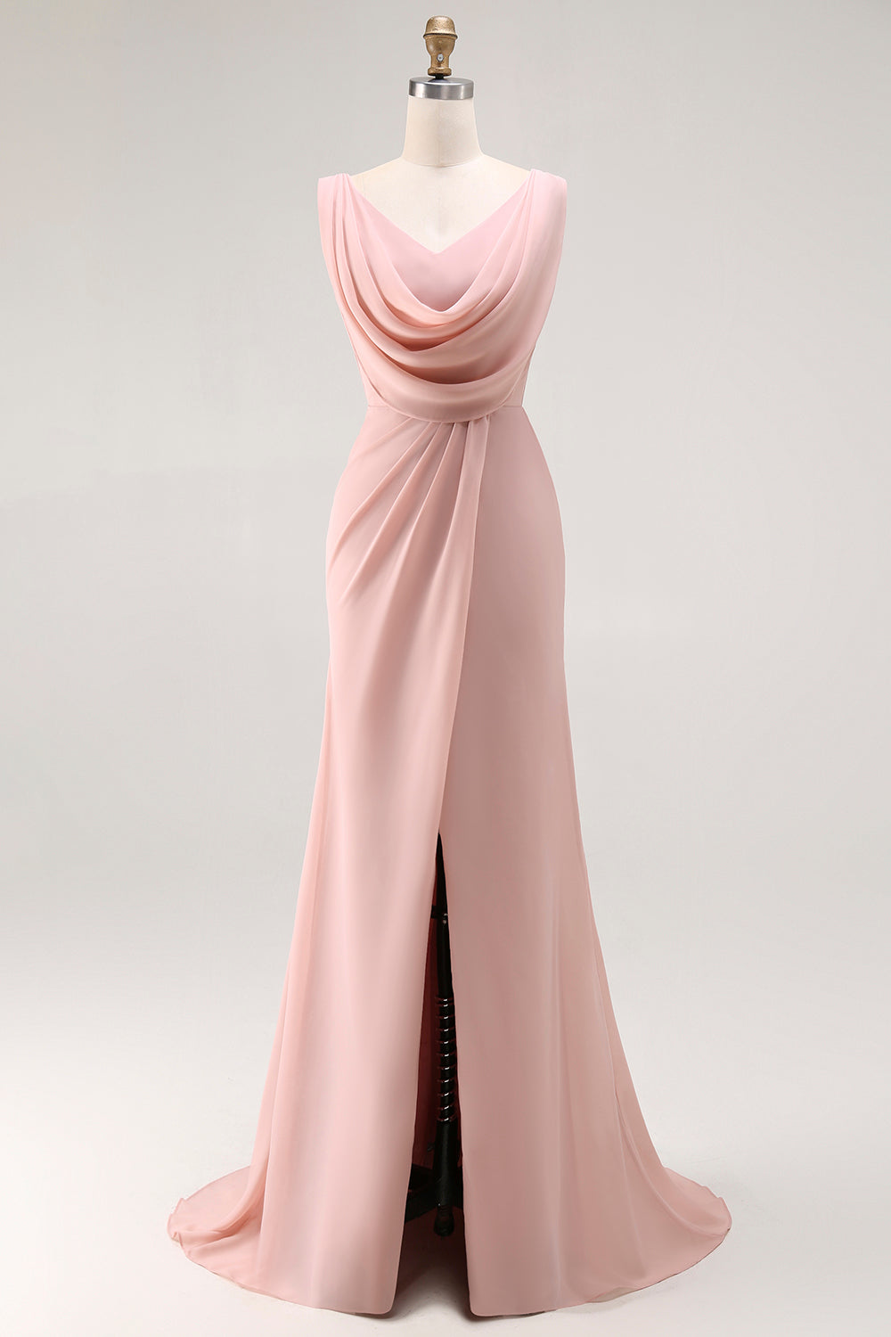 Leely Women Blush Pink Ruched Maxi Bridesmaid Dress with Slit Mermaid Cowl Neck Lace Up Back Wedding Guest Dress