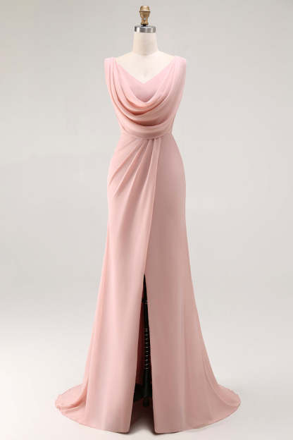 Leely Women Blush Pink Ruched Maxi Bridesmaid Dress with Slit Mermaid Cowl Neck Lace Up Back Wedding Guest Dress