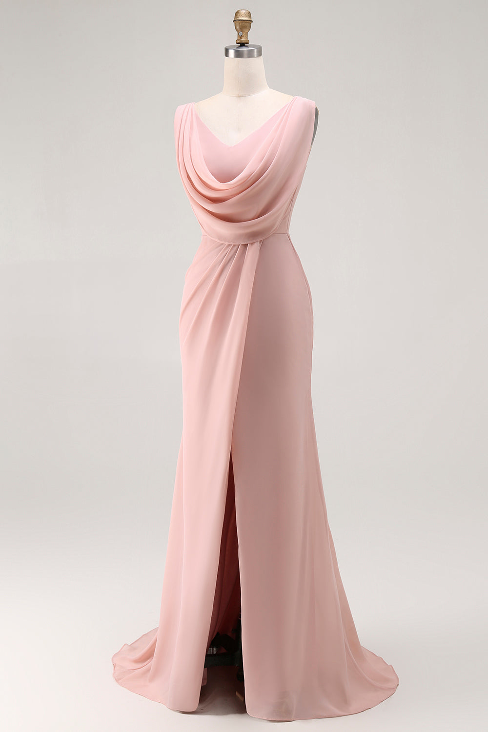 Blush Pink Cowl Neck Maxi Bridesmaid Dress with Slit