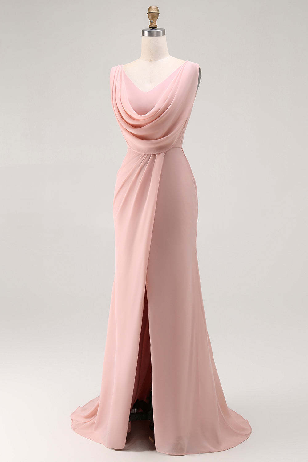 Blush Pink Cowl Neck Maxi Bridesmaid Dress with Slit