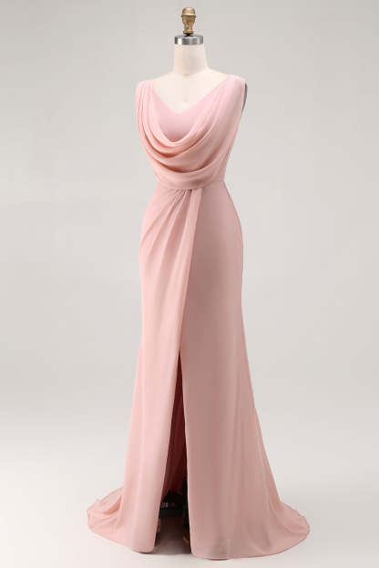 Blush Pink Cowl Neck Maxi Bridesmaid Dress with Slit