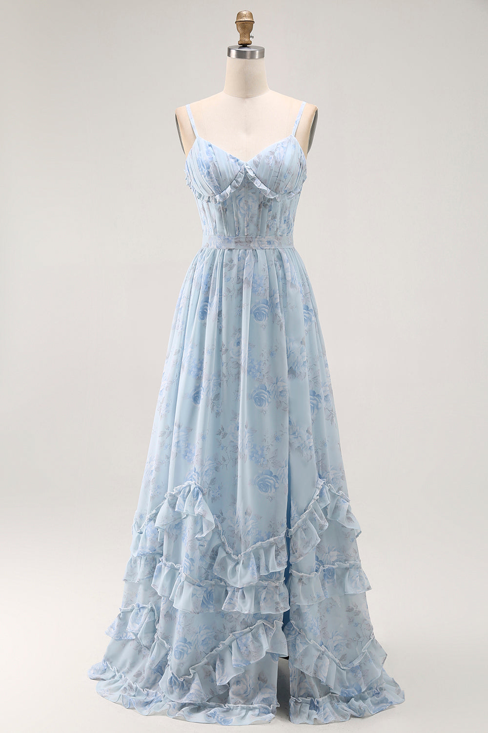 Blue A Line Ruffled Floral Long Bridesmaid Dress with Slit