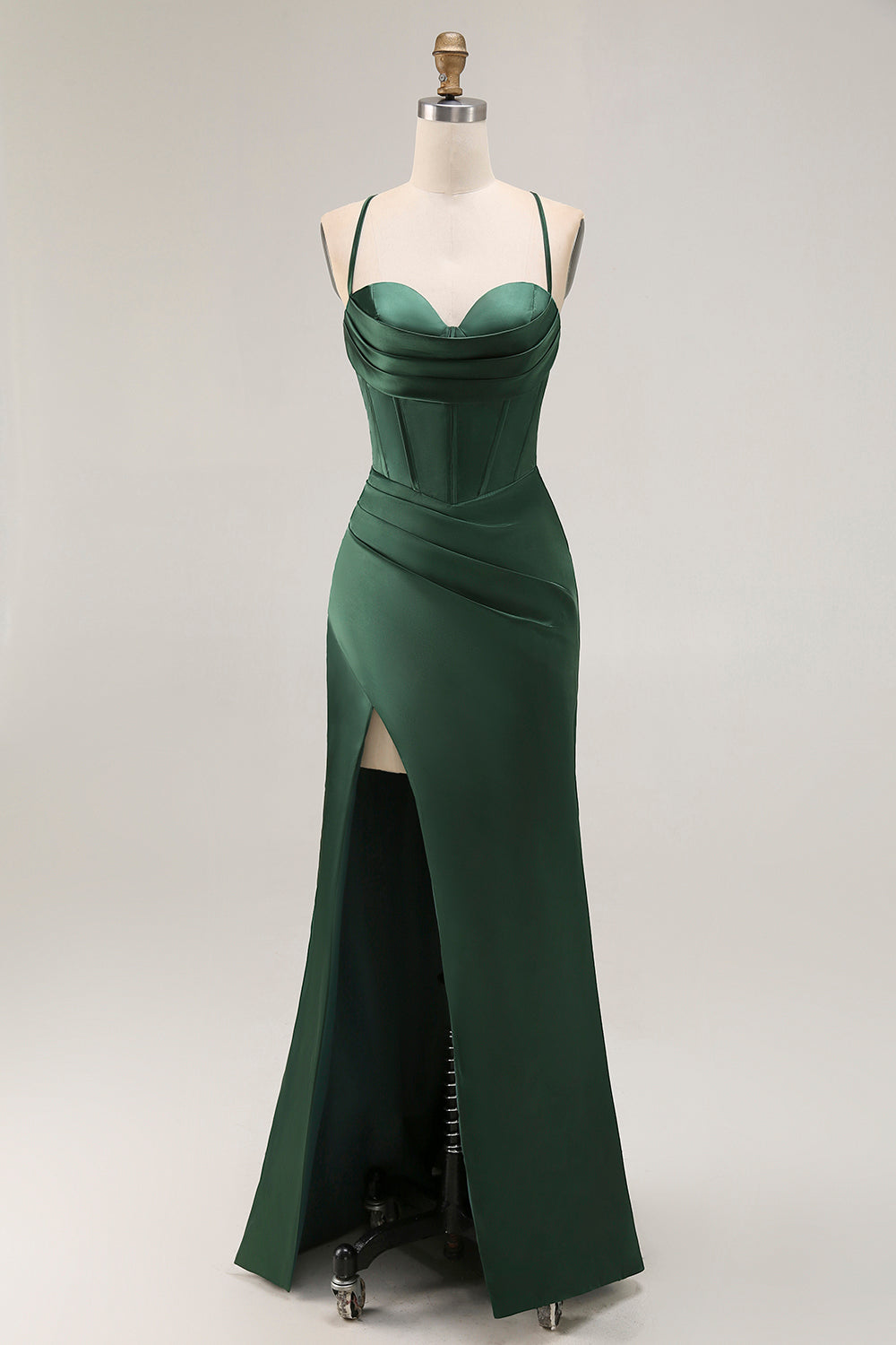 Leely Women Dark Green Corset Long Wedding Guest Dress with Slit Satin Mermaid Spaghetti Straps Lace Up Back Prom Dress