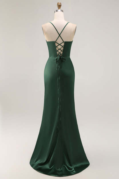 Dark Green Corset Long Mermaid Satin Wedding Guest Dress with Slit