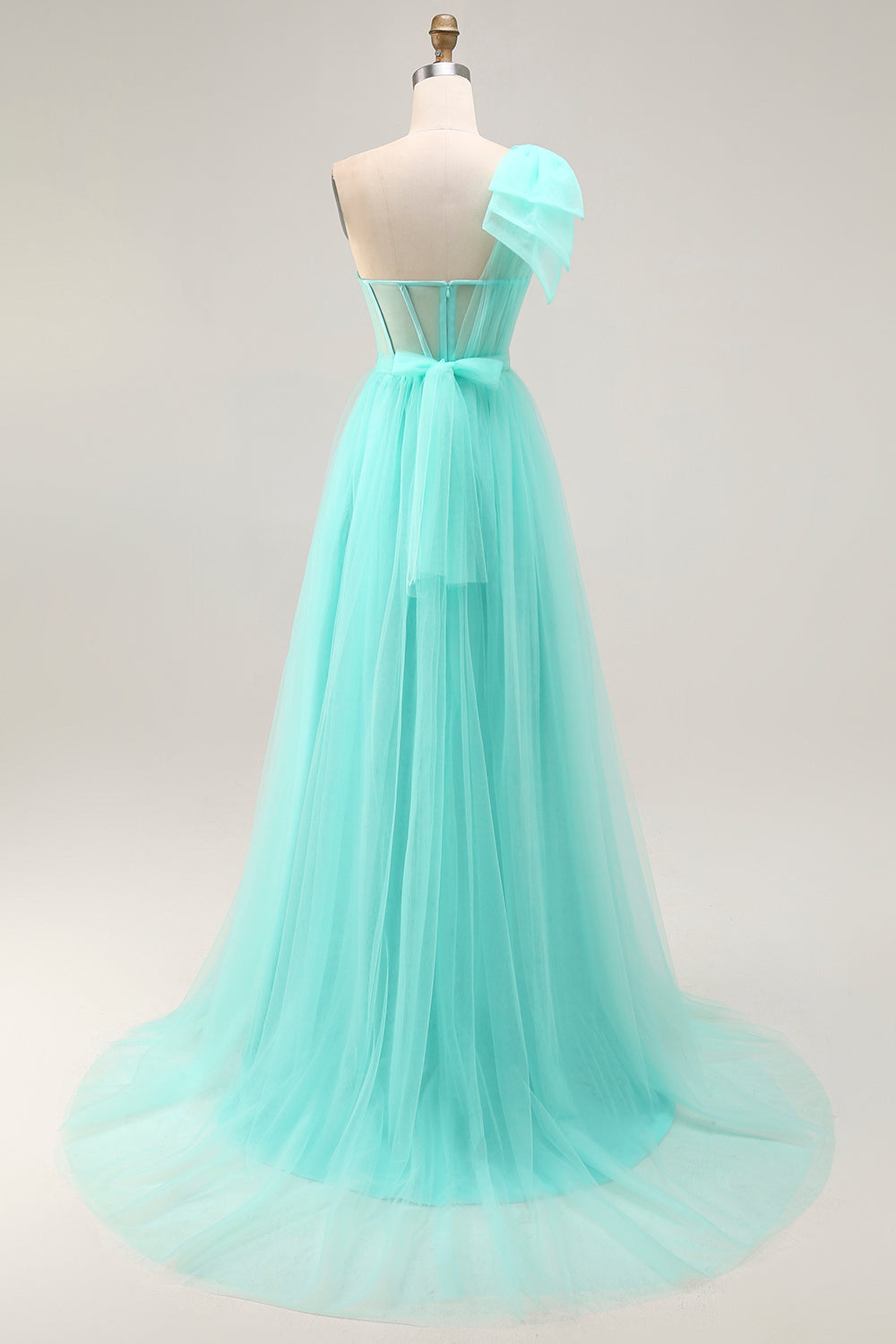 Mint Green Corset Long One Shoulder Tulle Wedding Guest Dress with Slit