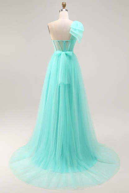 Mint Green Corset Long One Shoulder Tulle Wedding Guest Dress with Slit