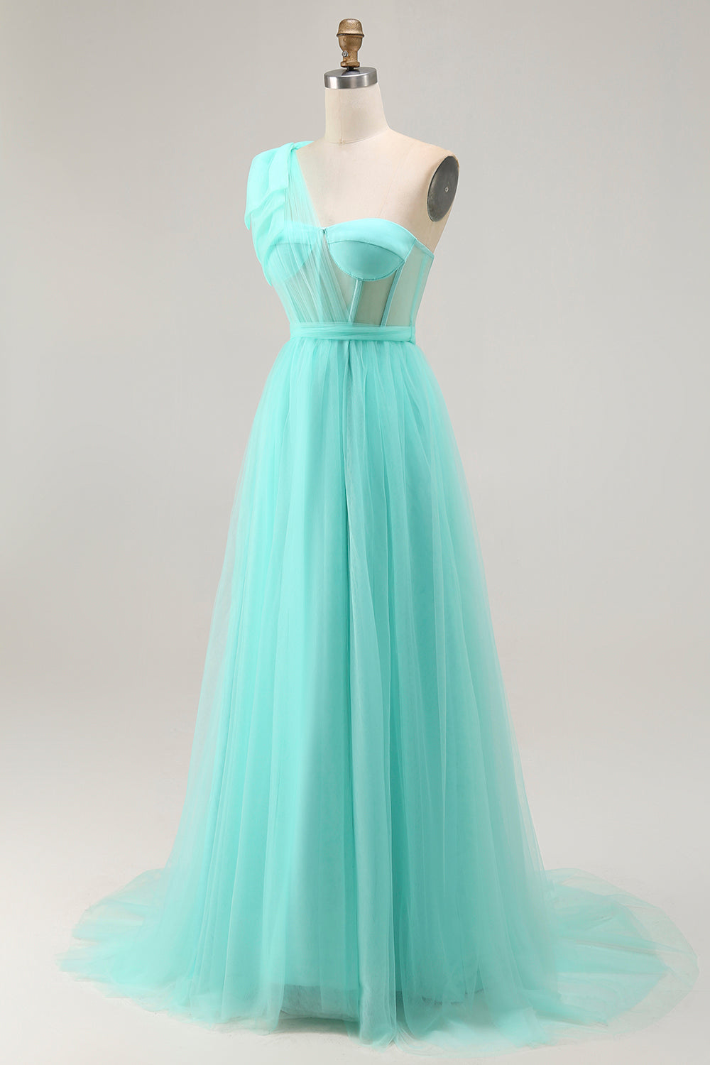 Mint Green Corset Long One Shoulder Tulle Wedding Guest Dress with Slit