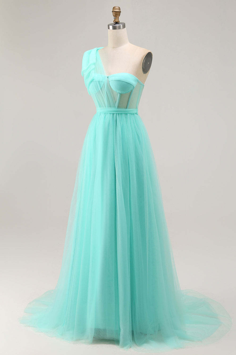 Mint Green Corset Long One Shoulder Tulle Wedding Guest Dress with Slit