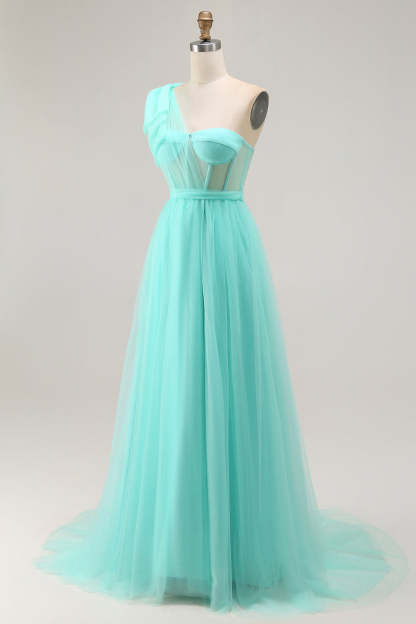 Mint Green Corset Long One Shoulder Tulle Wedding Guest Dress with Slit