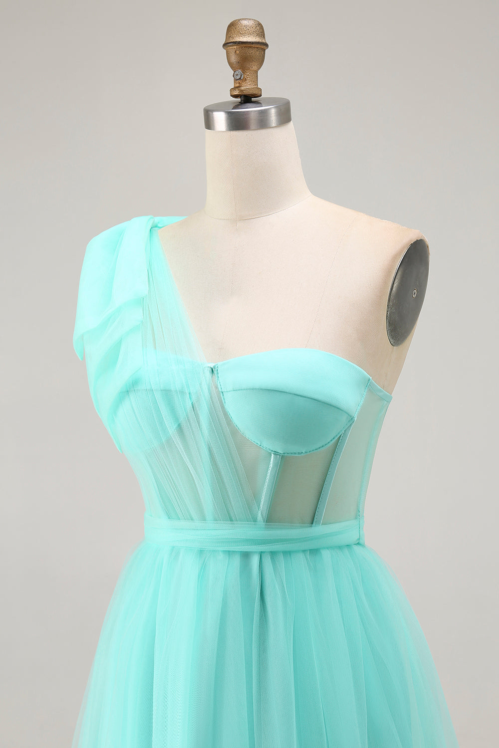Mint Green Corset Long One Shoulder Tulle Wedding Guest Dress with Slit
