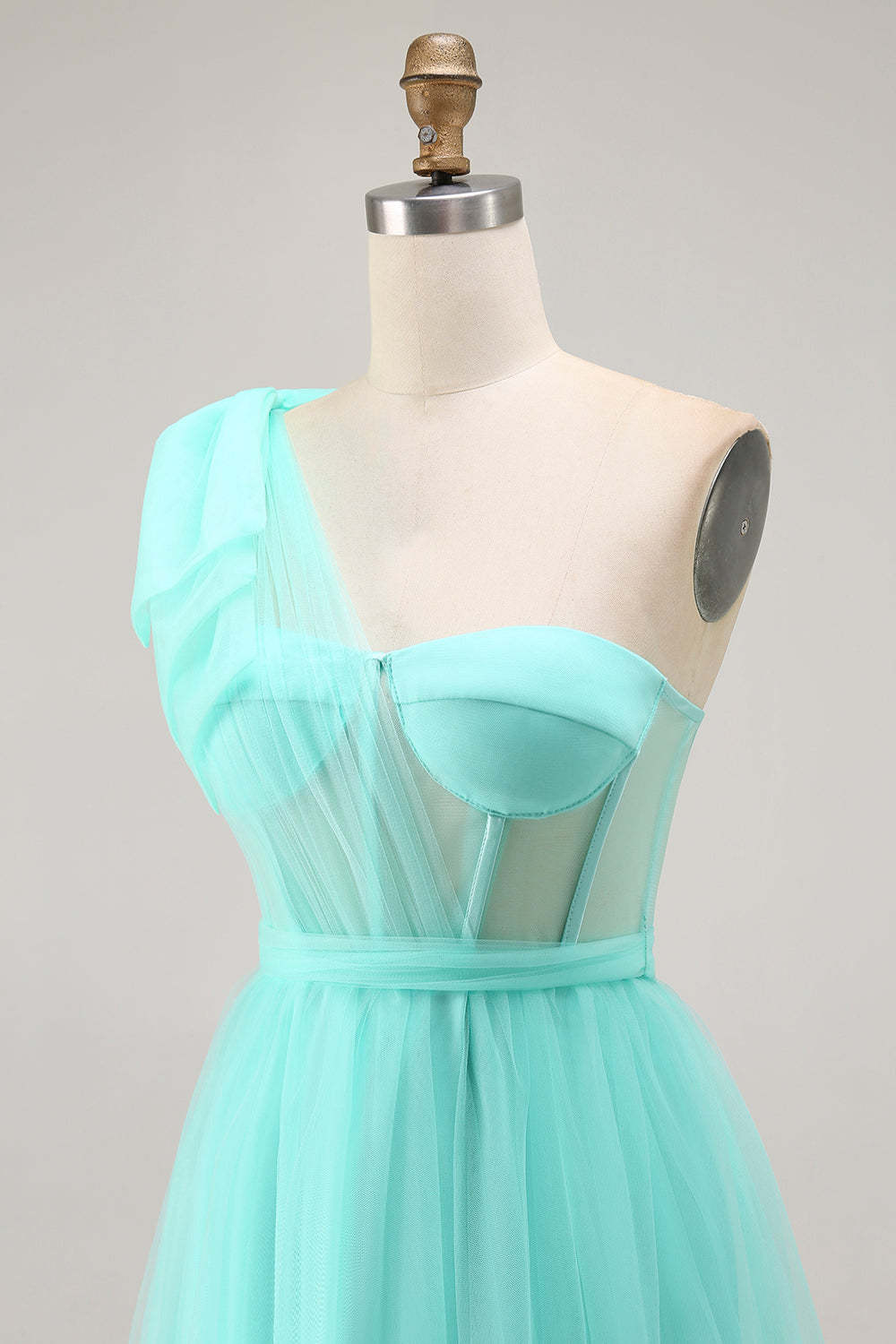 Mint Green Corset Long One Shoulder Tulle Wedding Guest Dress with Slit