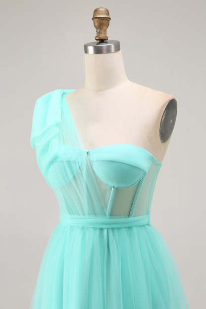 Mint Green Corset Long One Shoulder Tulle Wedding Guest Dress with Slit