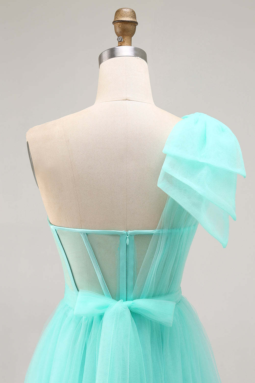 Mint Green Corset Long One Shoulder Tulle Wedding Guest Dress with Slit