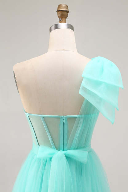 Mint Green Corset Long One Shoulder Tulle Wedding Guest Dress with Slit