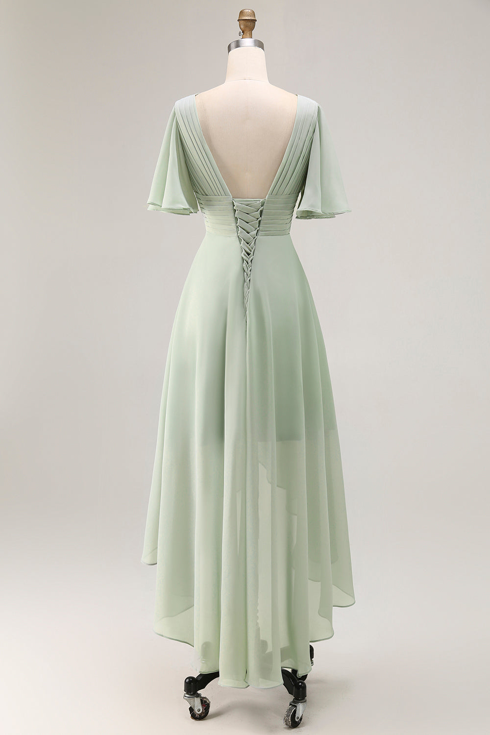 Sage Green Chiffon V-Neck High-Low Bridesmaid Dress with Sleeves