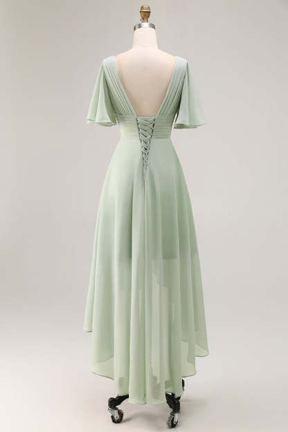 Sage Green Chiffon V-Neck High-Low Bridesmaid Dress with Sleeves