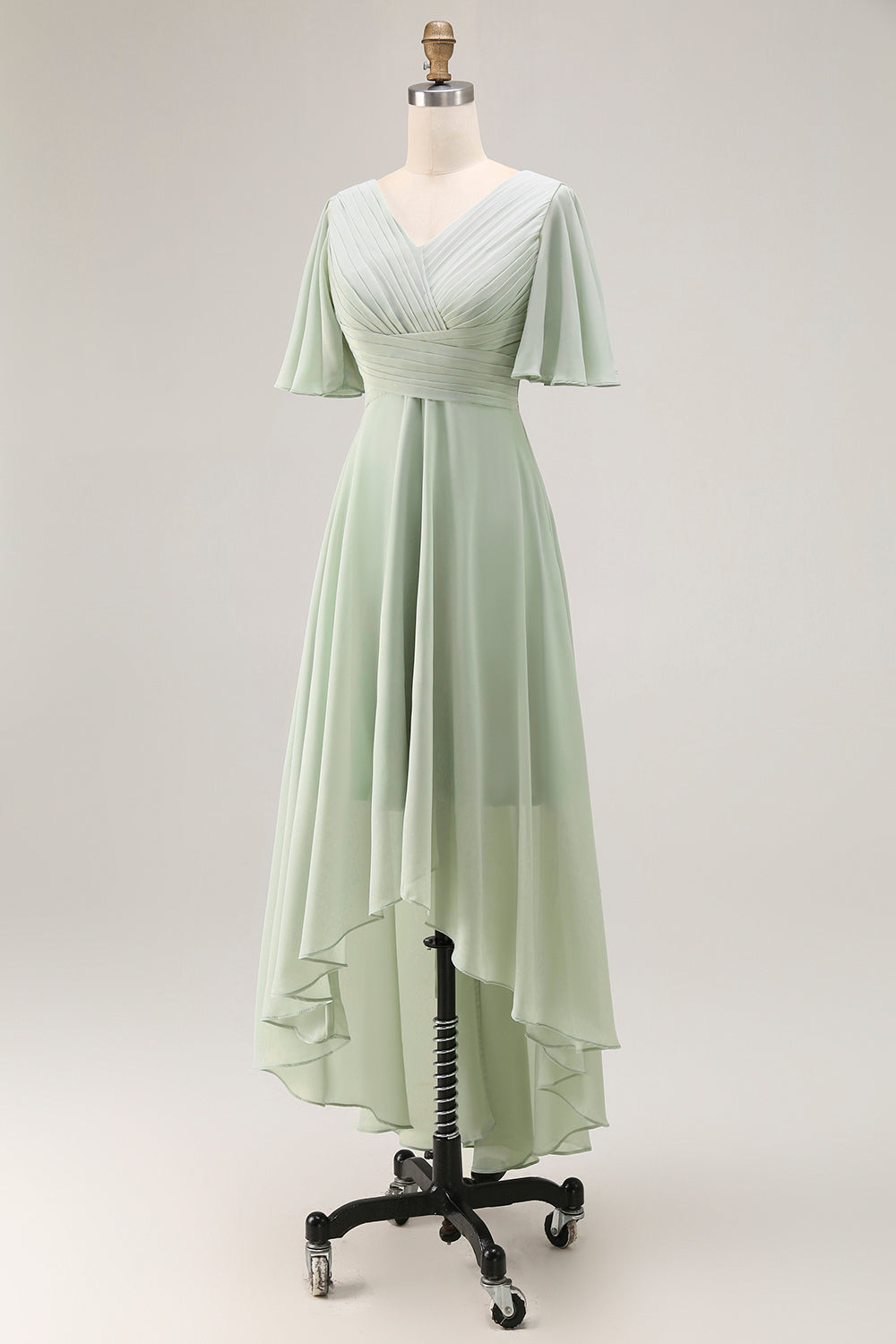 Sage Green Chiffon V-Neck High-Low Bridesmaid Dress with Sleeves