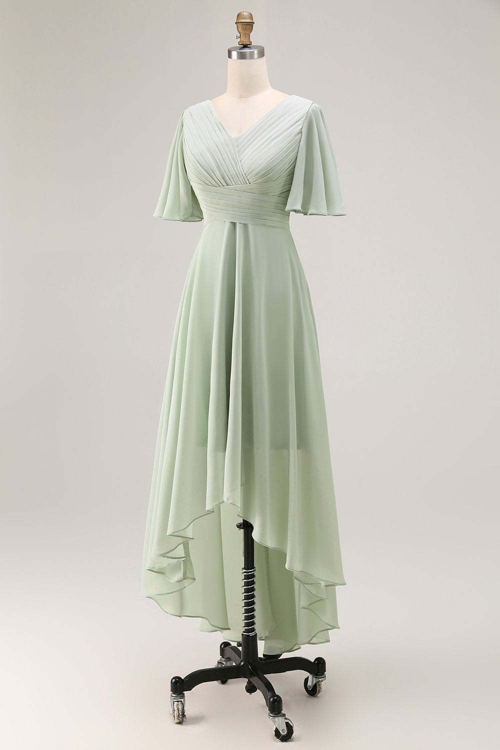 Sage Green Chiffon V-Neck High-Low Bridesmaid Dress with Sleeves