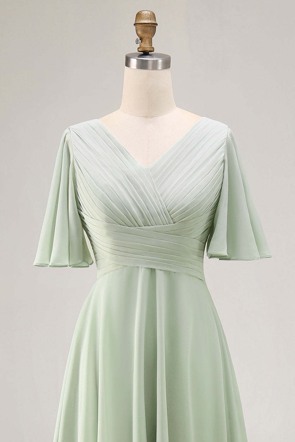 Sage Green Chiffon V-Neck High-Low Bridesmaid Dress with Sleeves