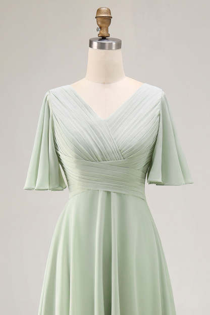 Sage Green Chiffon V-Neck High-Low Bridesmaid Dress with Sleeves