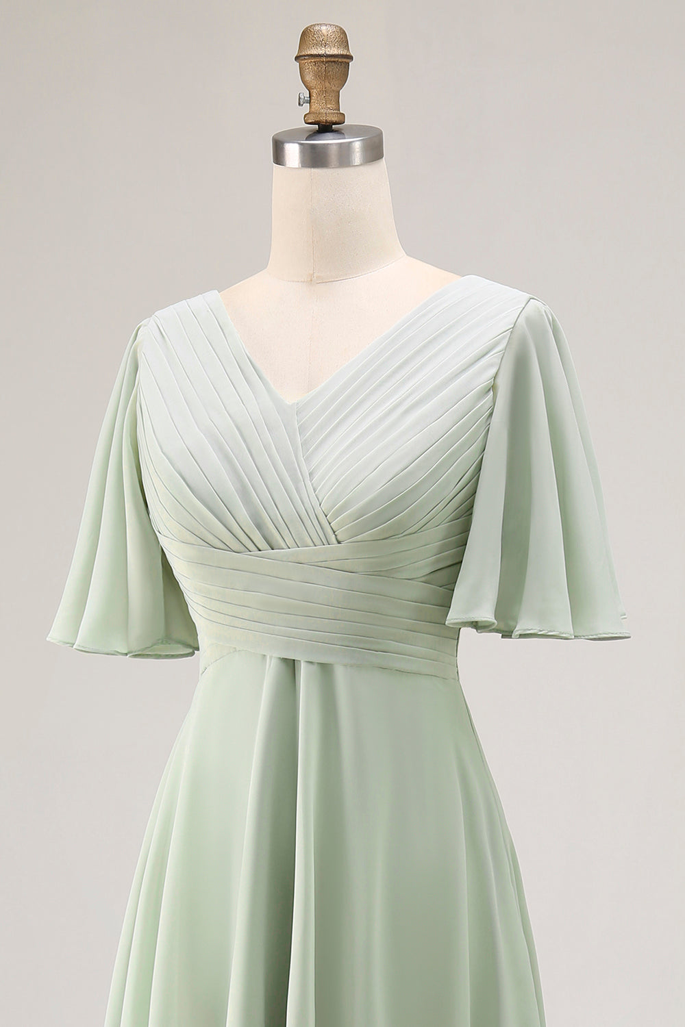 Sage Green Chiffon V-Neck High-Low Bridesmaid Dress with Sleeves