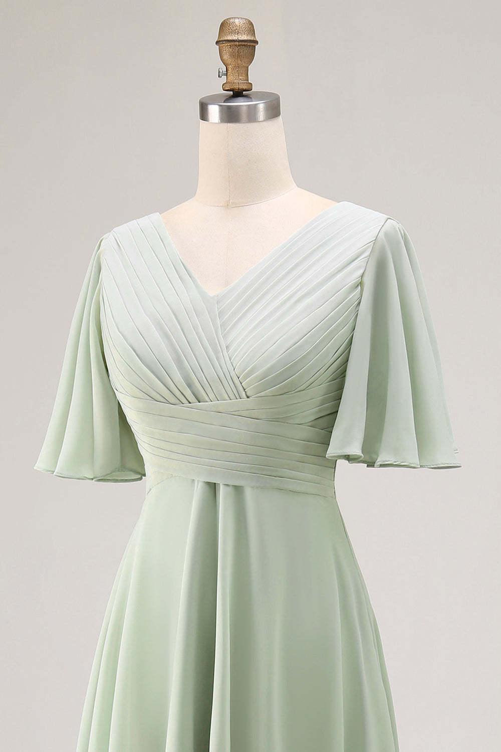Sage Green Chiffon V-Neck High-Low Bridesmaid Dress with Sleeves