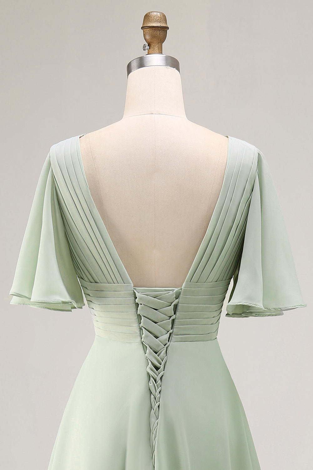Sage Green Chiffon V-Neck High-Low Bridesmaid Dress with Sleeves