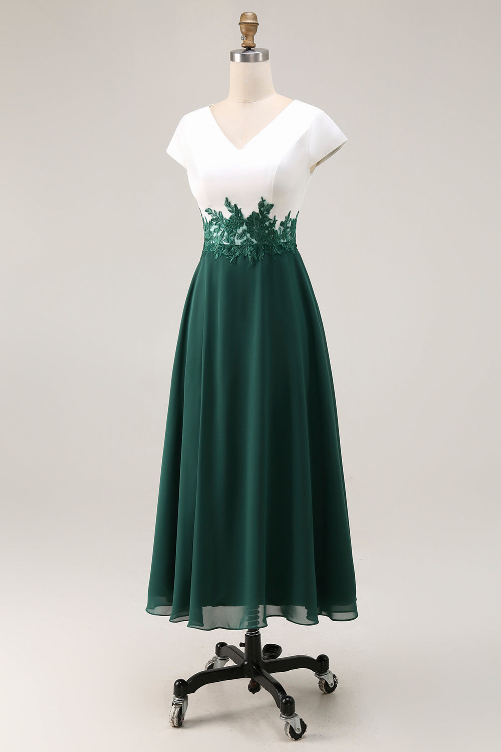 White Green V-Neck Cap Sleeves Appliqued Long Mother of the Bride Dress