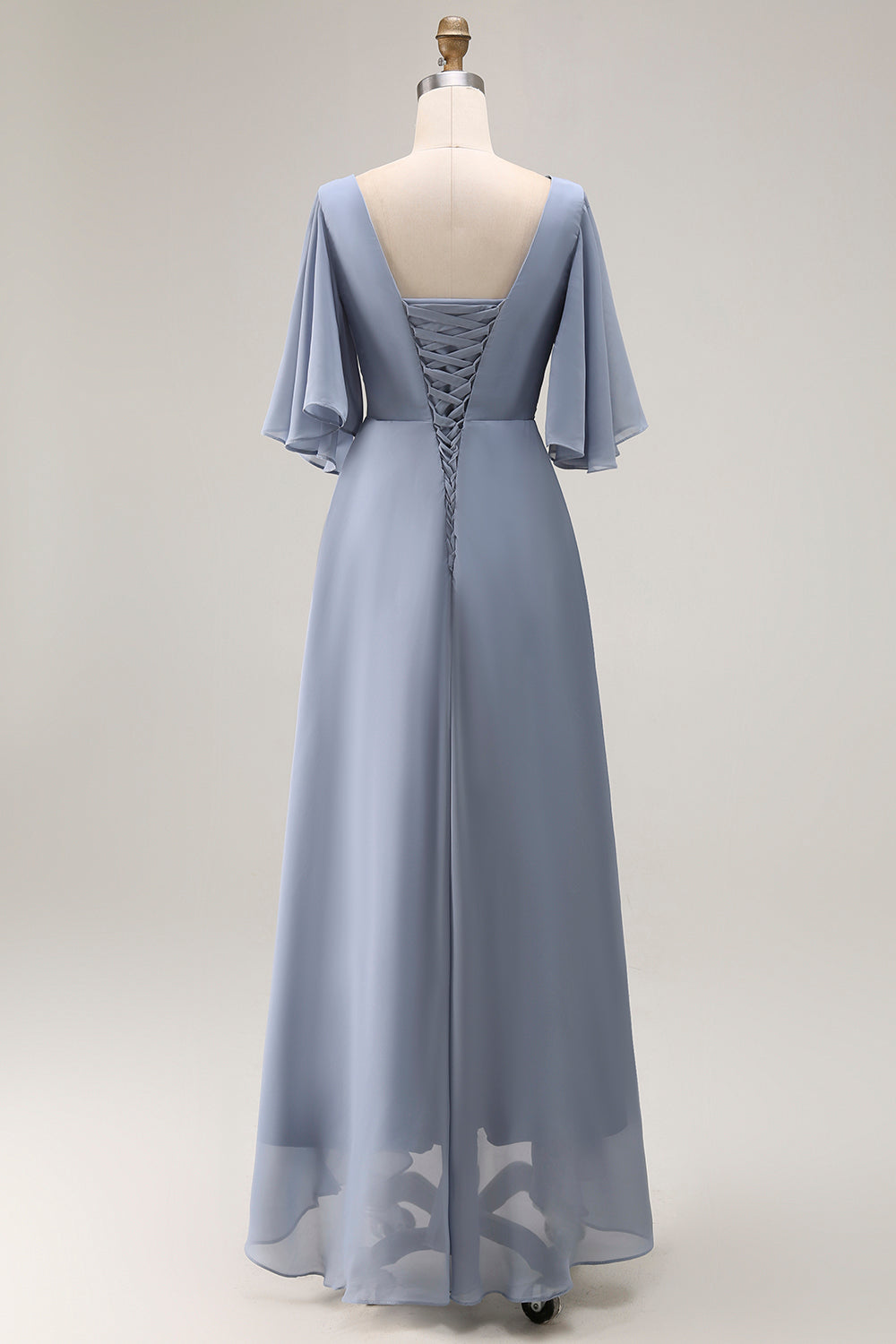 Dusty Blue Ruched Asymmetrical Long Mother of the Bride Dress with Sleeves