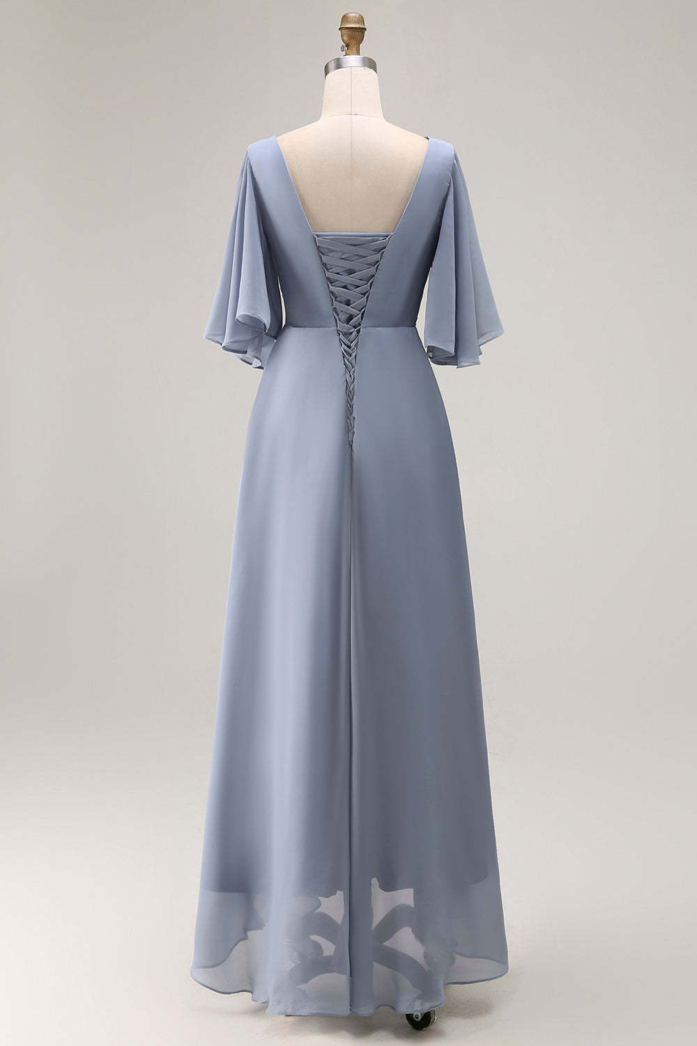 Dusty Blue Ruched Asymmetrical Long Mother of the Bride Dress with Sleeves