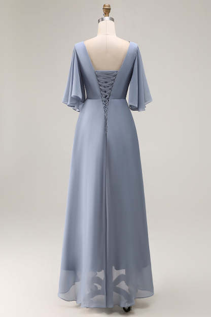 Dusty Blue Ruched Asymmetrical Long Mother of the Bride Dress with Sleeves