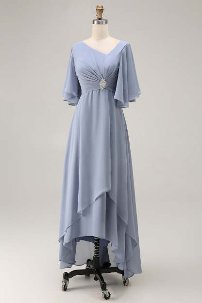 Dusty Blue Ruched Asymmetrical Long Mother of the Bride Dress with Sleeves
