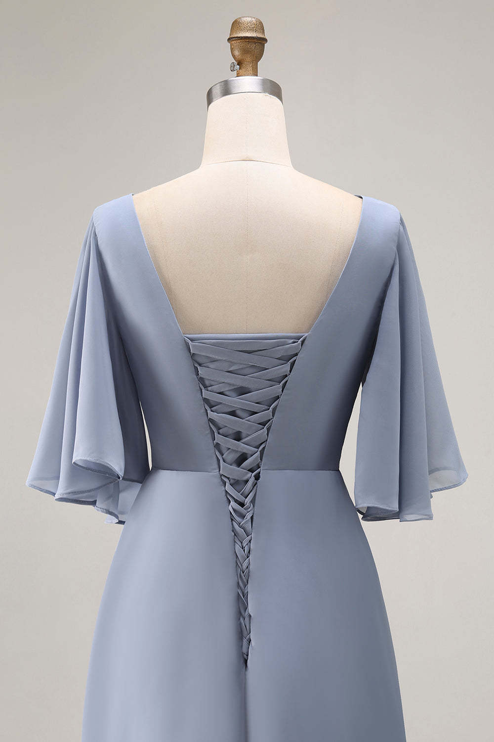 Dusty Blue Ruched Asymmetrical Long Mother of the Bride Dress with Sleeves
