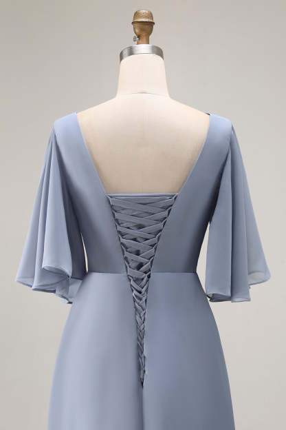 Dusty Blue Ruched Asymmetrical Long Mother of the Bride Dress with Sleeves