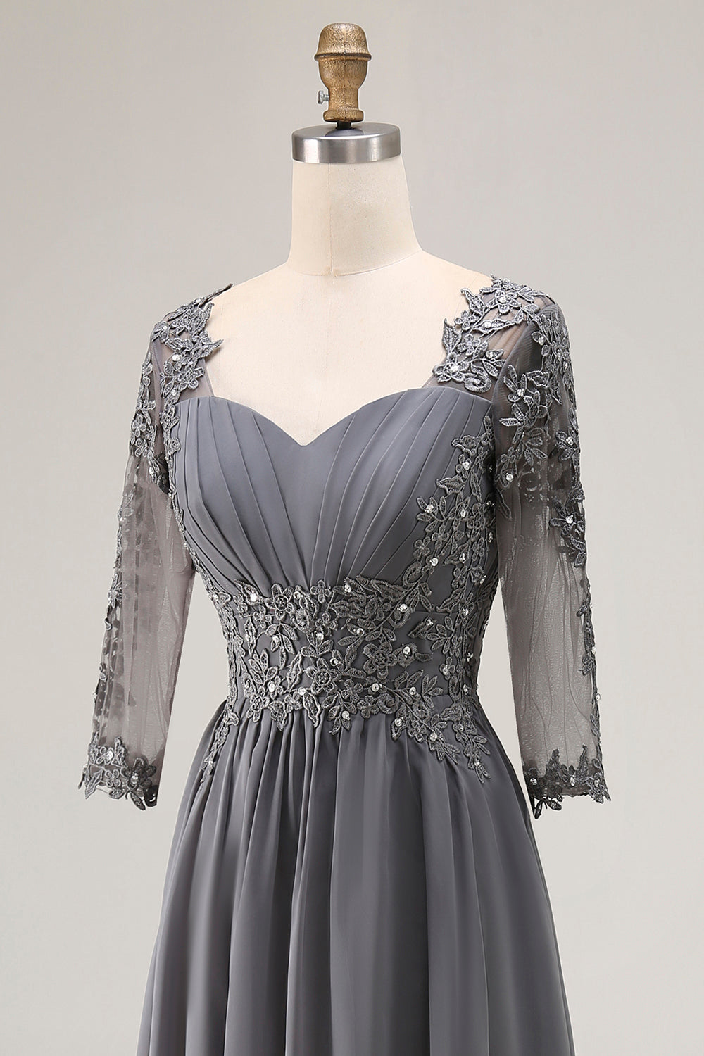 Sparkly Steel Grey High-Low Appliqued Mother of the Bride Dress with Sleeves