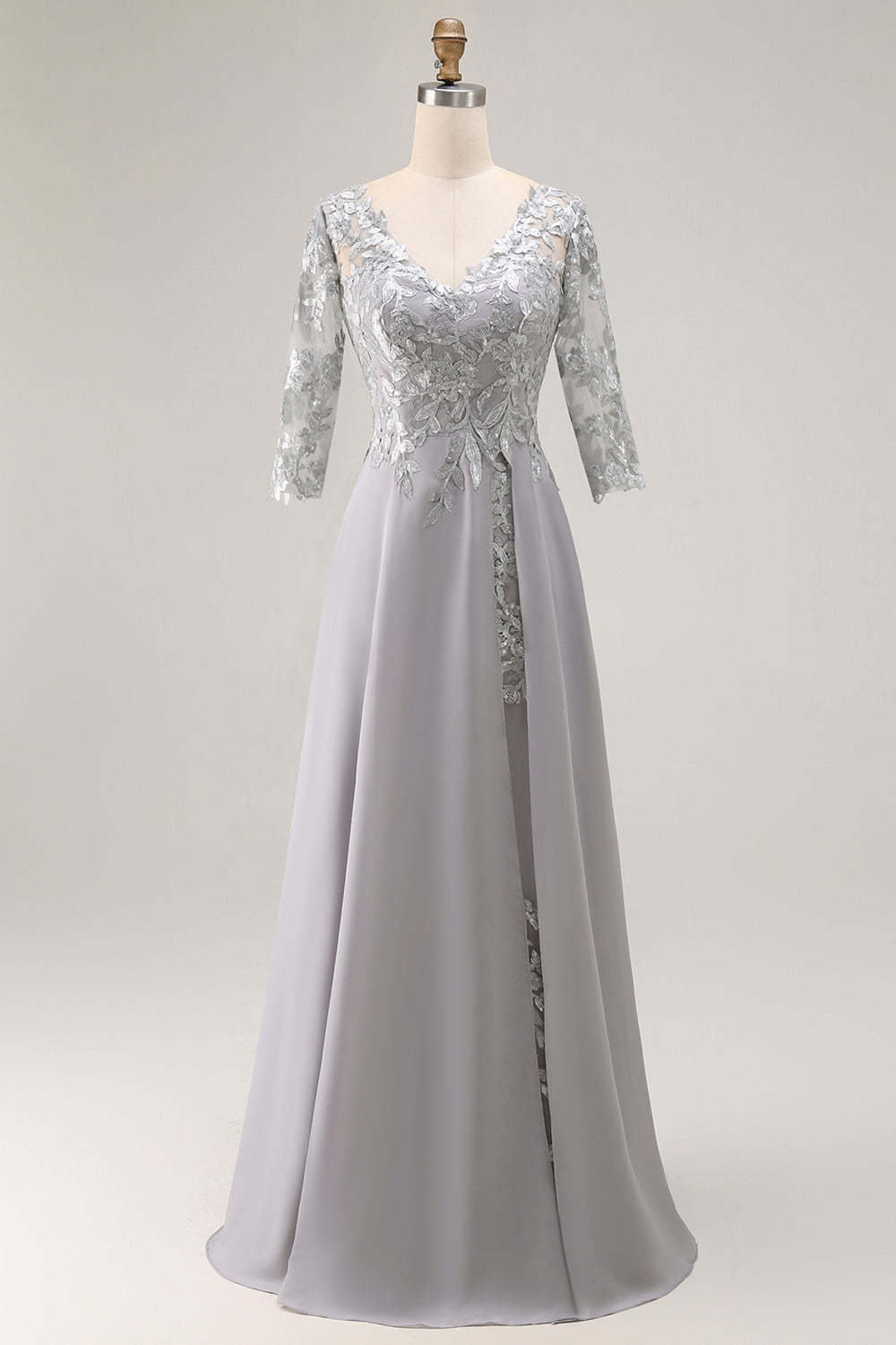 Leely Women Silver V-Neck Maxi Mother of the Bride Dress with Appliques Lace Up Back A Line Floral Wedding Guest Dress with Sleeves