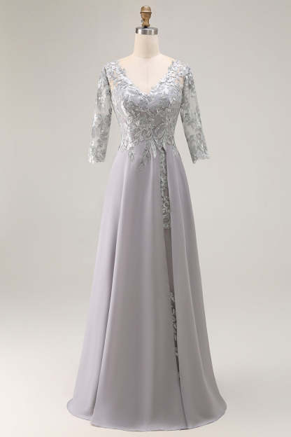Leely Women Silver V-Neck Maxi Mother of the Bride Dress with Appliques Lace Up Back A Line Floral Wedding Guest Dress with Sleeves