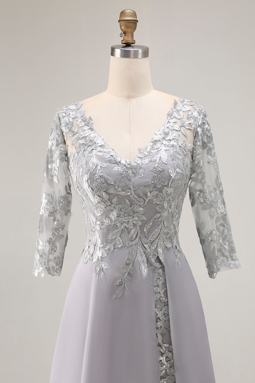 Silver V-Neck A Line Maxi Mother of the Bride Dress with Lace