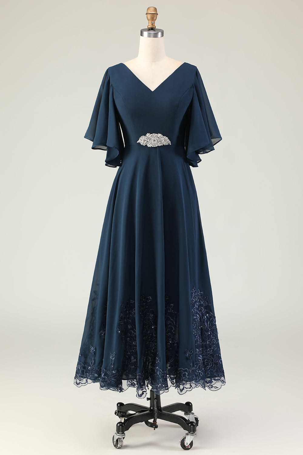 Sparkly Navy V-Neck Appliqued Maxi Mother of the Bride Dress
