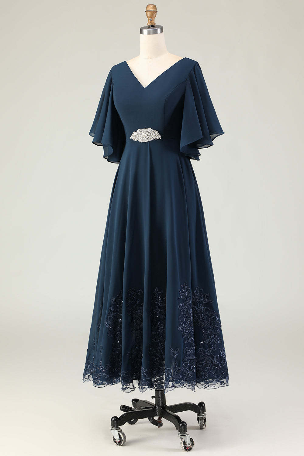 Sparkly Navy V-Neck Appliqued Maxi Mother of the Bride Dress