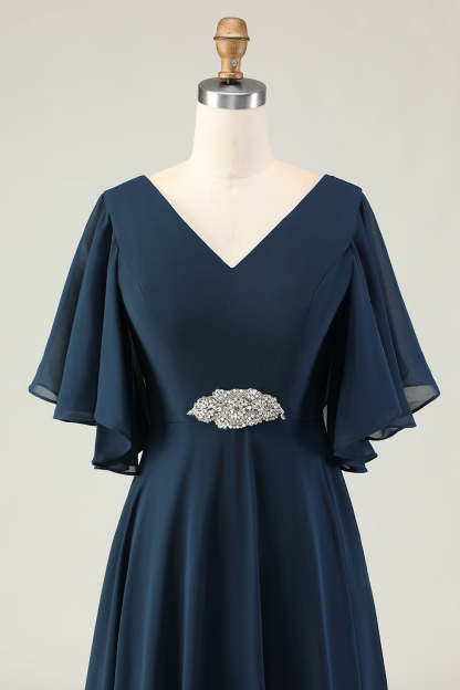 Sparkly Navy V-Neck Appliqued Maxi Mother of the Bride Dress