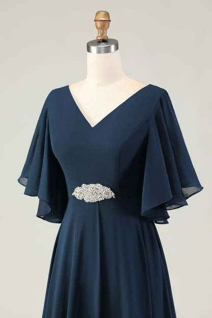Sparkly Navy V-Neck Appliqued Maxi Mother of the Bride Dress