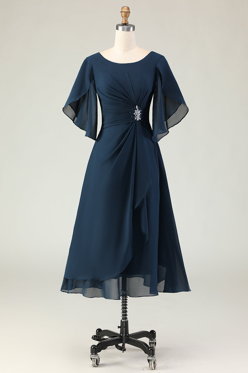 Leely Women Sparkly Navy Midi Mother of the Bride Dress with Sleeves A-Line Beaded Boat Neck Ruched Wedding Guest Dress