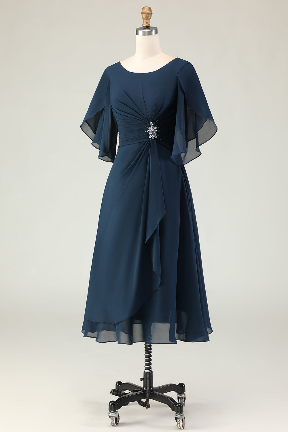Sparkly Navy A-Line Beaded Midi Mother of the Bride Dress with Sleeves