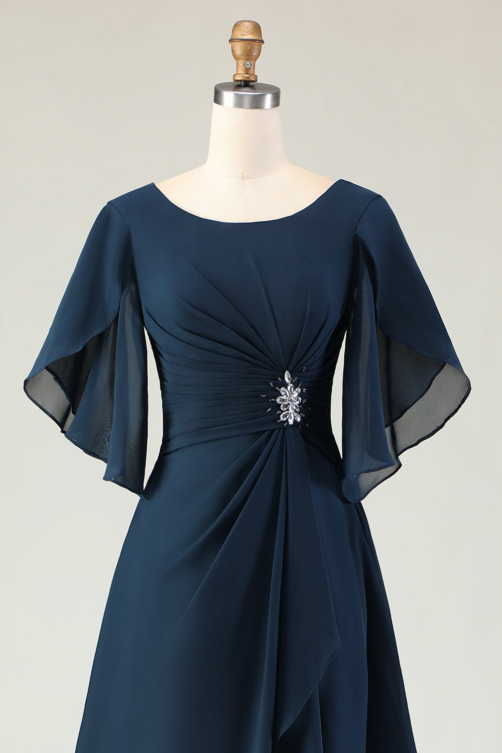 Sparkly Navy A-Line Beaded Midi Mother of the Bride Dress with Sleeves